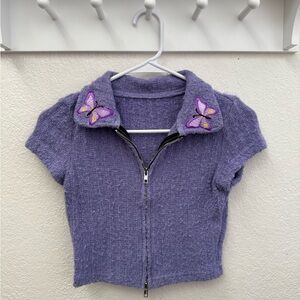 Purple Knit Zip-Up Top with Butterfly Accents